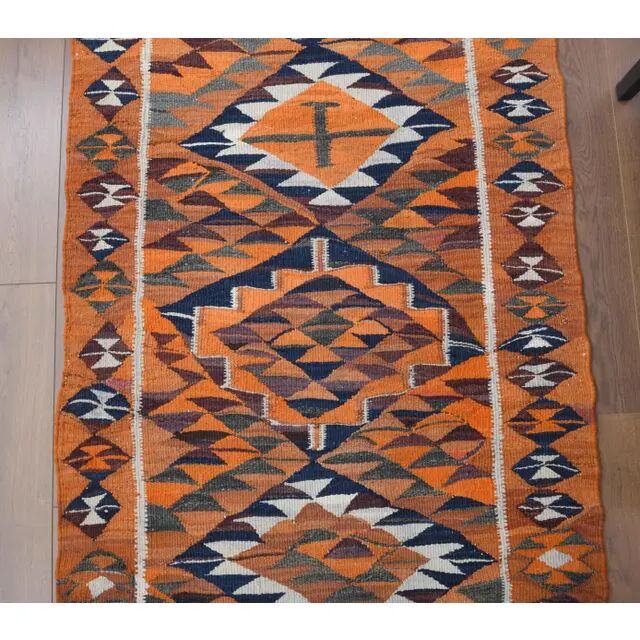 1970s Vintage Turkish Hand-Knotted Wool Cotton Orange Runner Rug 104x338