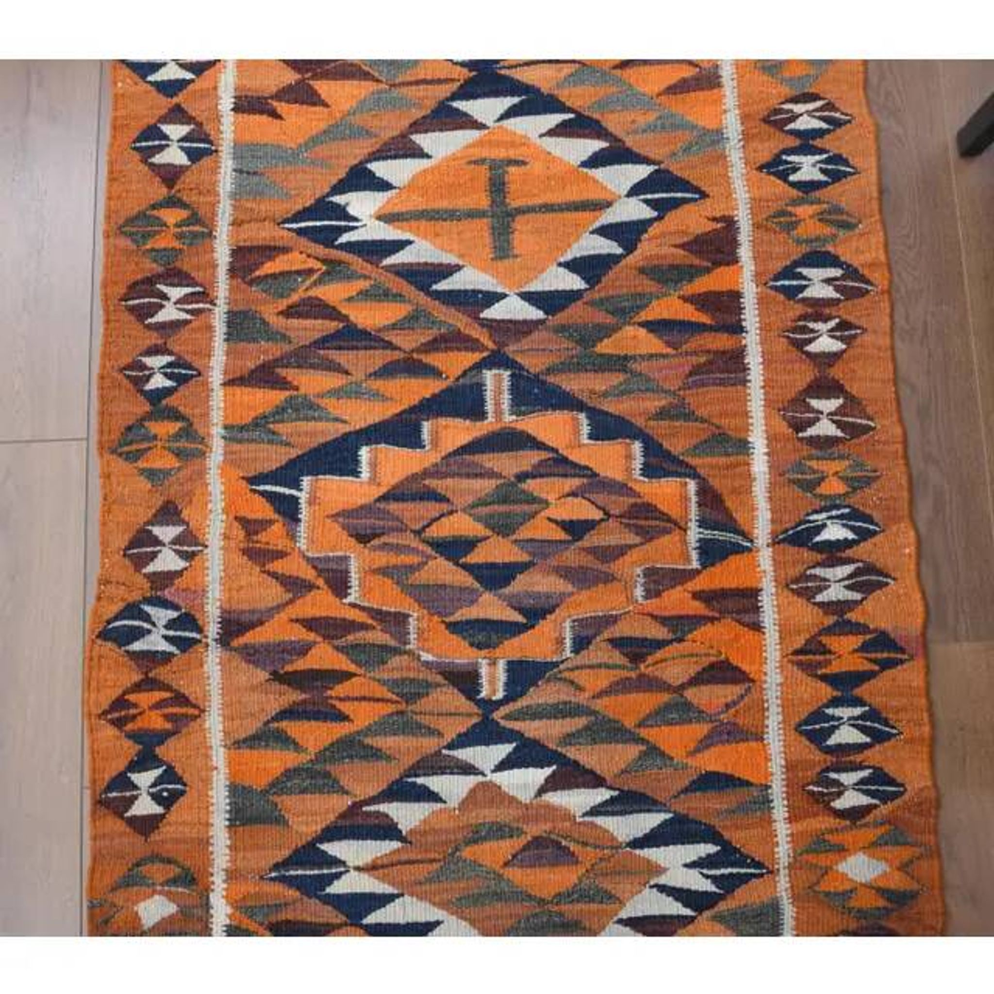 1970s Vintage Turkish Hand-Knotted Wool Cotton Orange Runner Rug 104x338