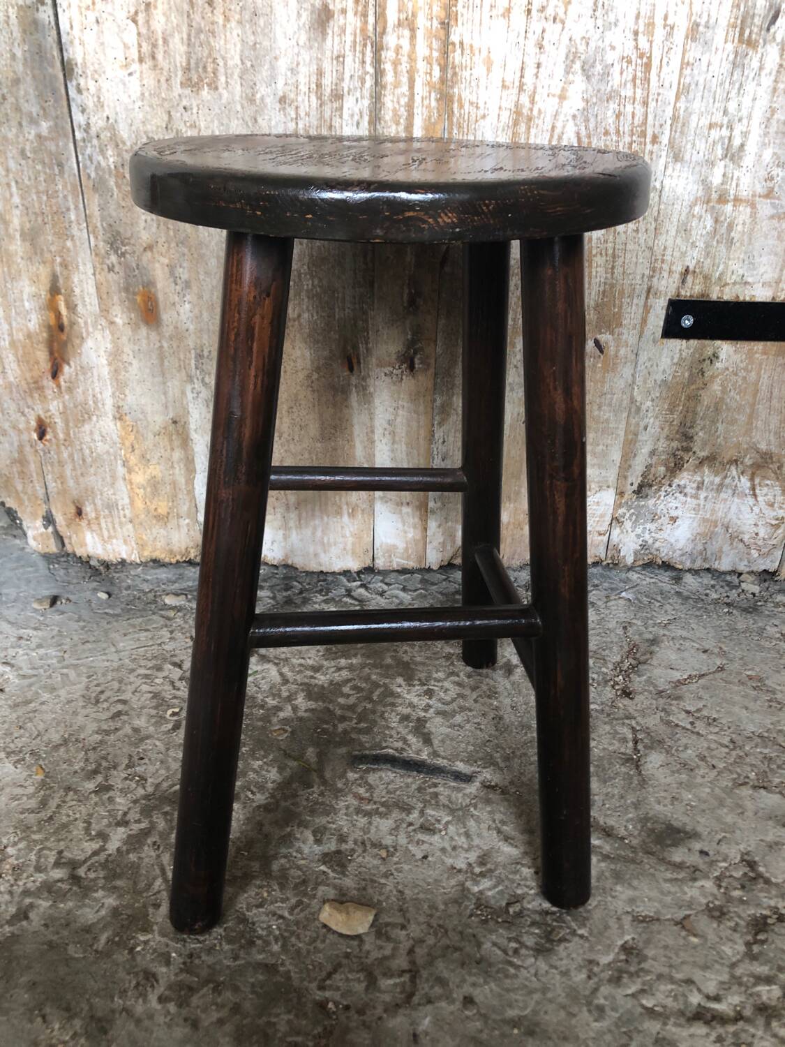 Vintage Turned Dark Wood Milking Stool #A631