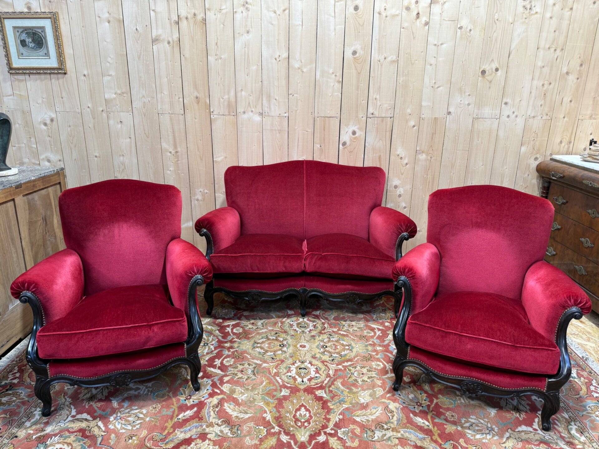 Salon canapé et paire de bergères de style Napoléon III
