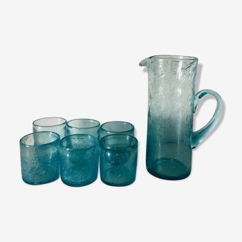 Service verre bullé turquoise Biot vintage de 1976