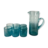 Service verre bullé turquoise Biot vintage de 1976