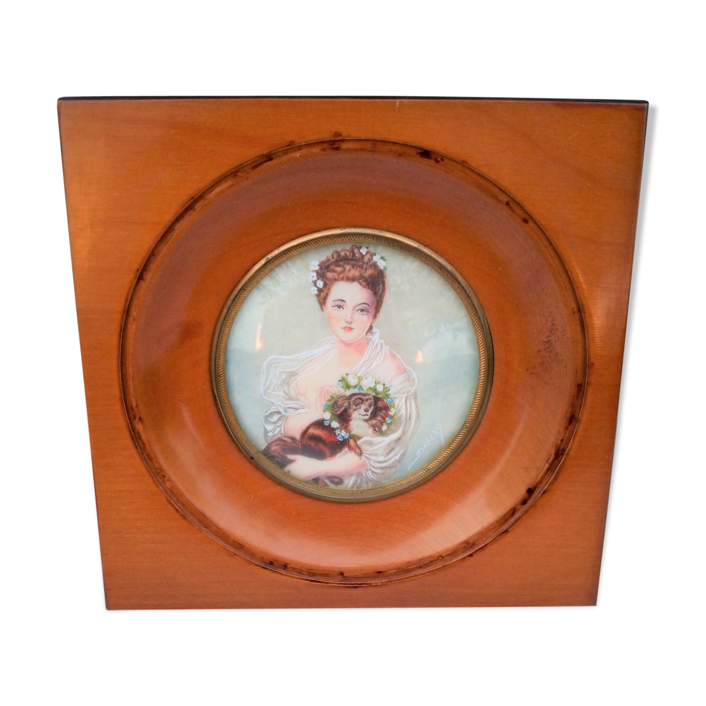 miniature painting. Young girl with dog. Signed Dallery.