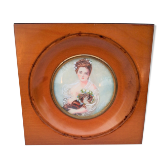miniature painting. Young girl with dog. Signed Dallery.