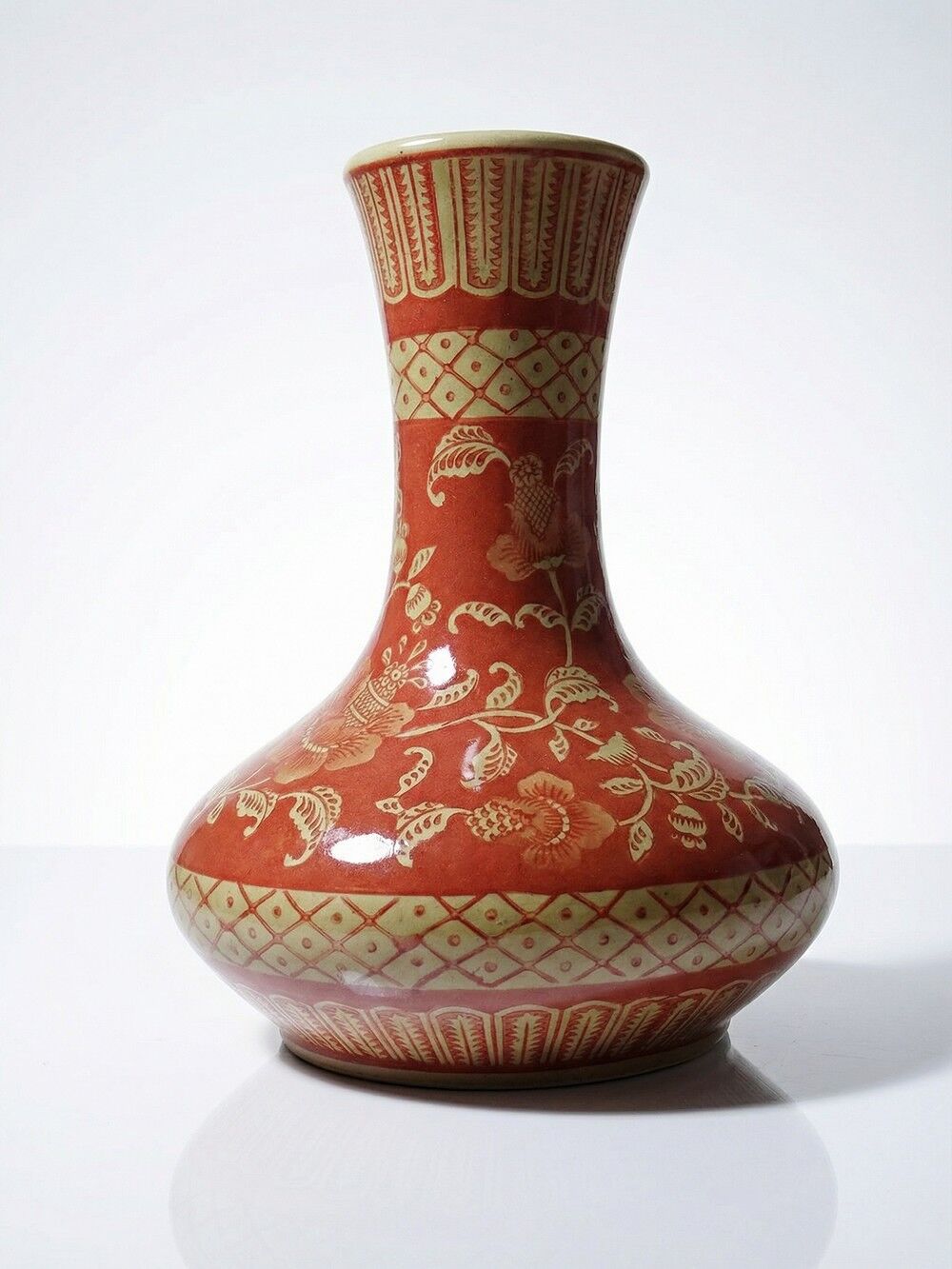 Vase Chinois XXe céramique peinte main teinte inhabituelle rouge
