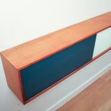 Vintage mid-century wall hung oak cabinets, blue & white sliding glass door