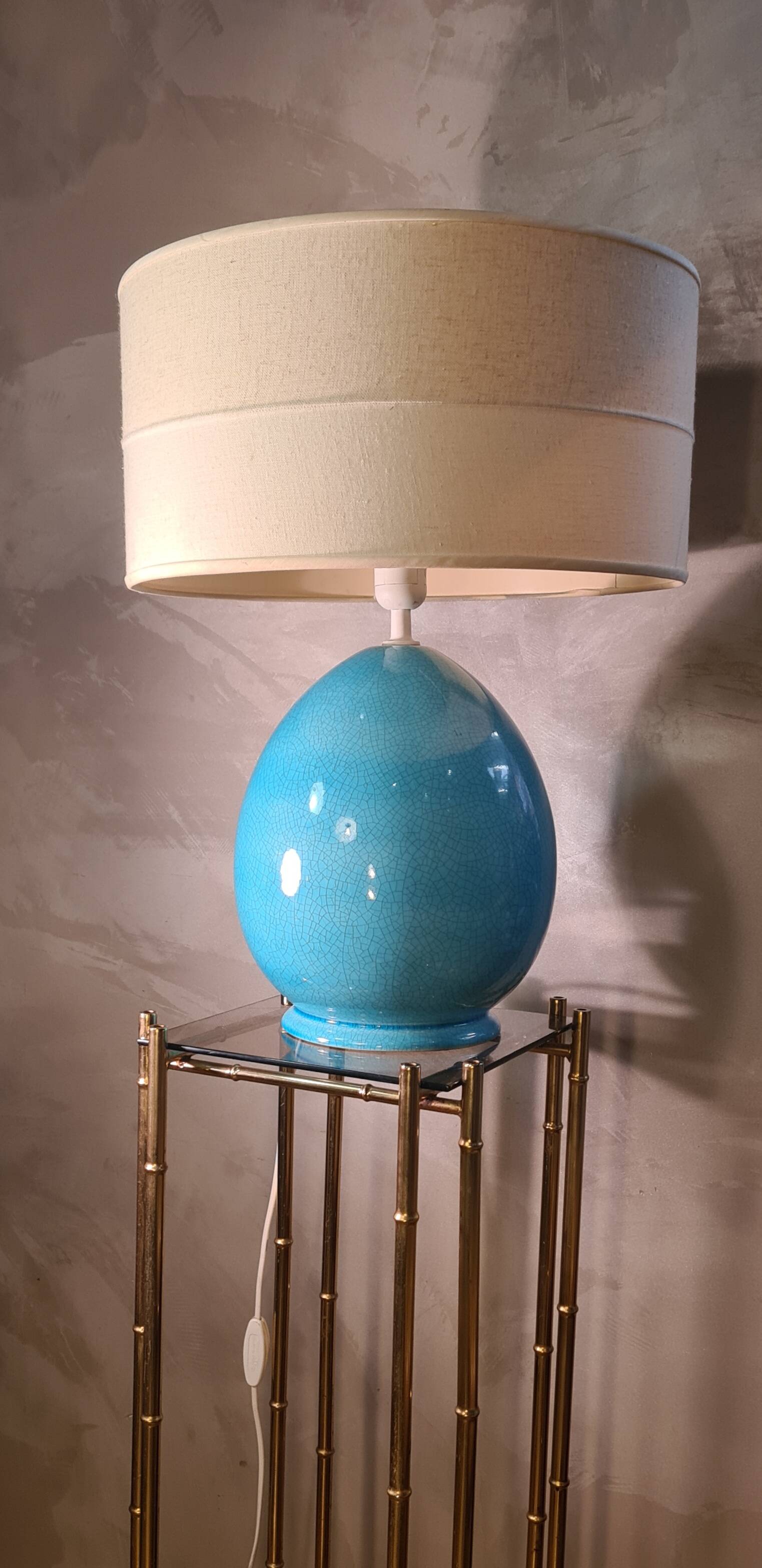large living room lamp in cracked turquoise blue ceramic 1970 to 80, h53x40 elec ok