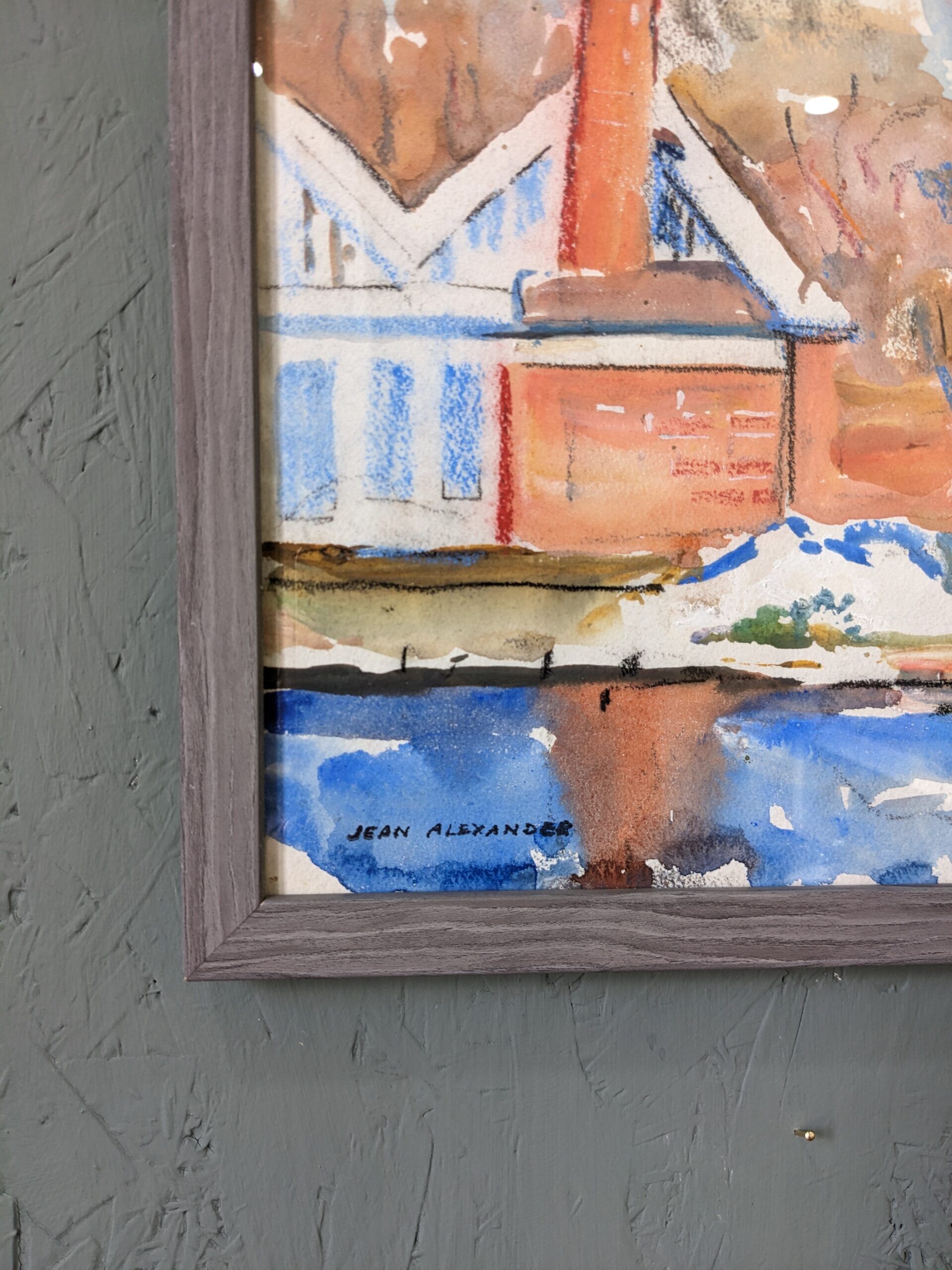 Mid-Century Modern Swedish "The Waterway" Vintage Landscape Watercolour Painting, Framed