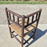 Vintage Dutch rustic corner chair bobbin turned oak with rush seating