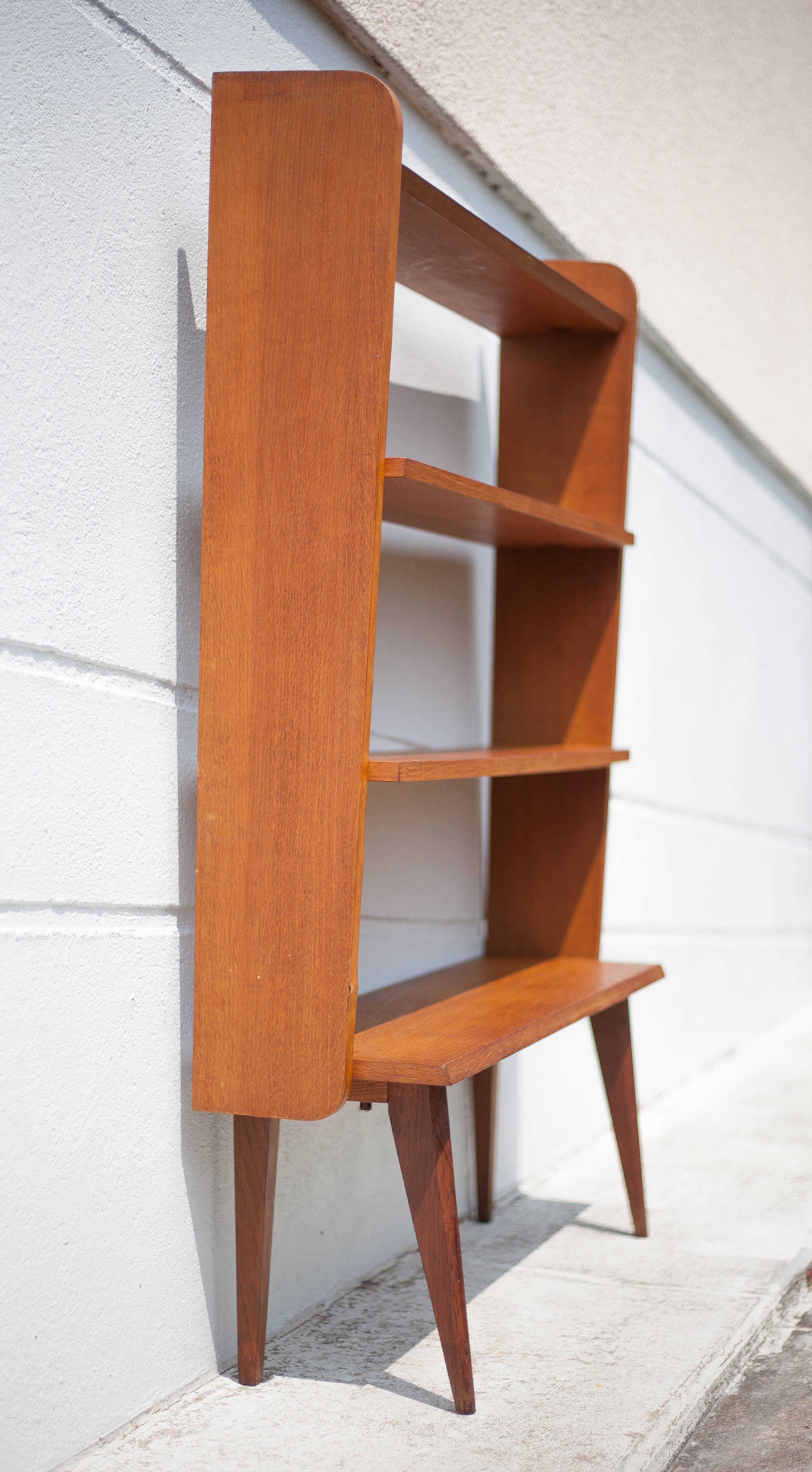Wood bookcase shelf, wooden shelf on compass legs, storage unit, decoration