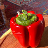 Vintage pepper slip / red and green ceramic covered pot / sugar bowl