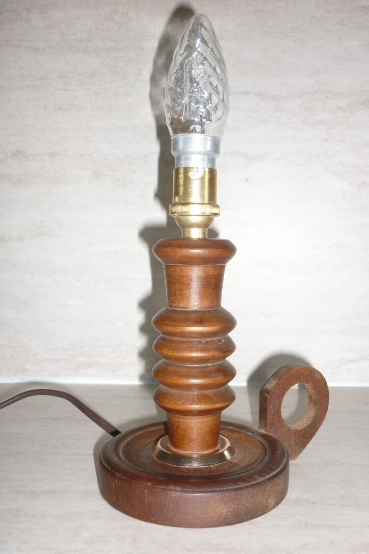 Lamp foot shape wooden candlestick turned old