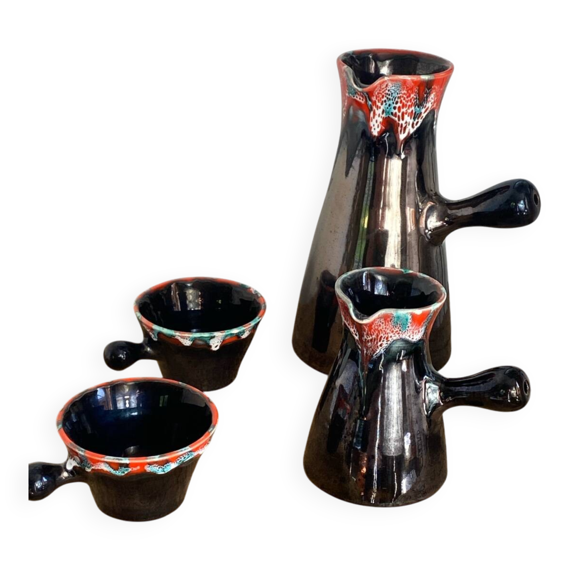 Pitchers and cups, iridescent ceramic, Vallauris