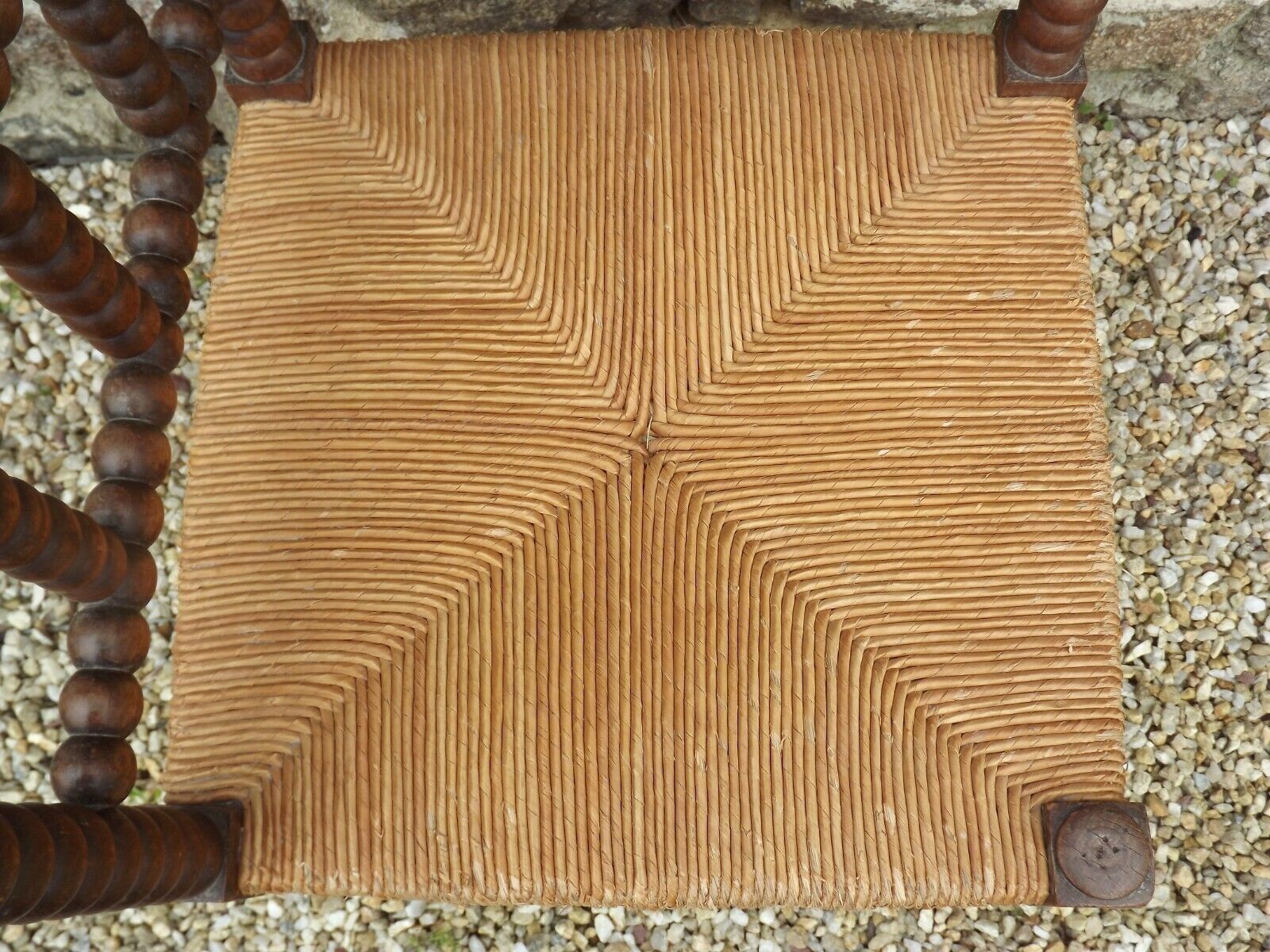 French antique turned wooden bobbin chair with rush seat 4156