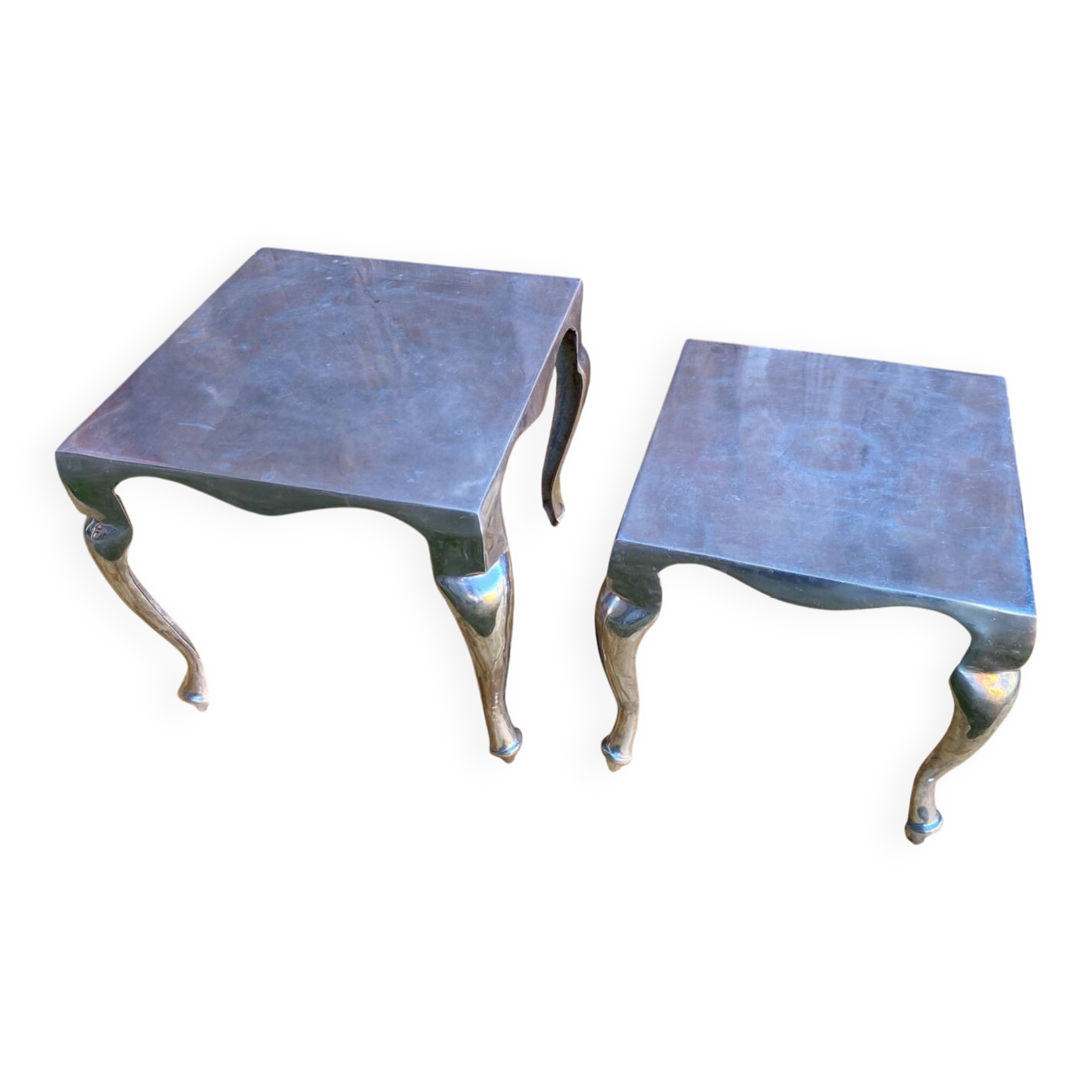 Pair of Louis XV Style Nesting Coffee Tables in Vintage Polished Aluminum