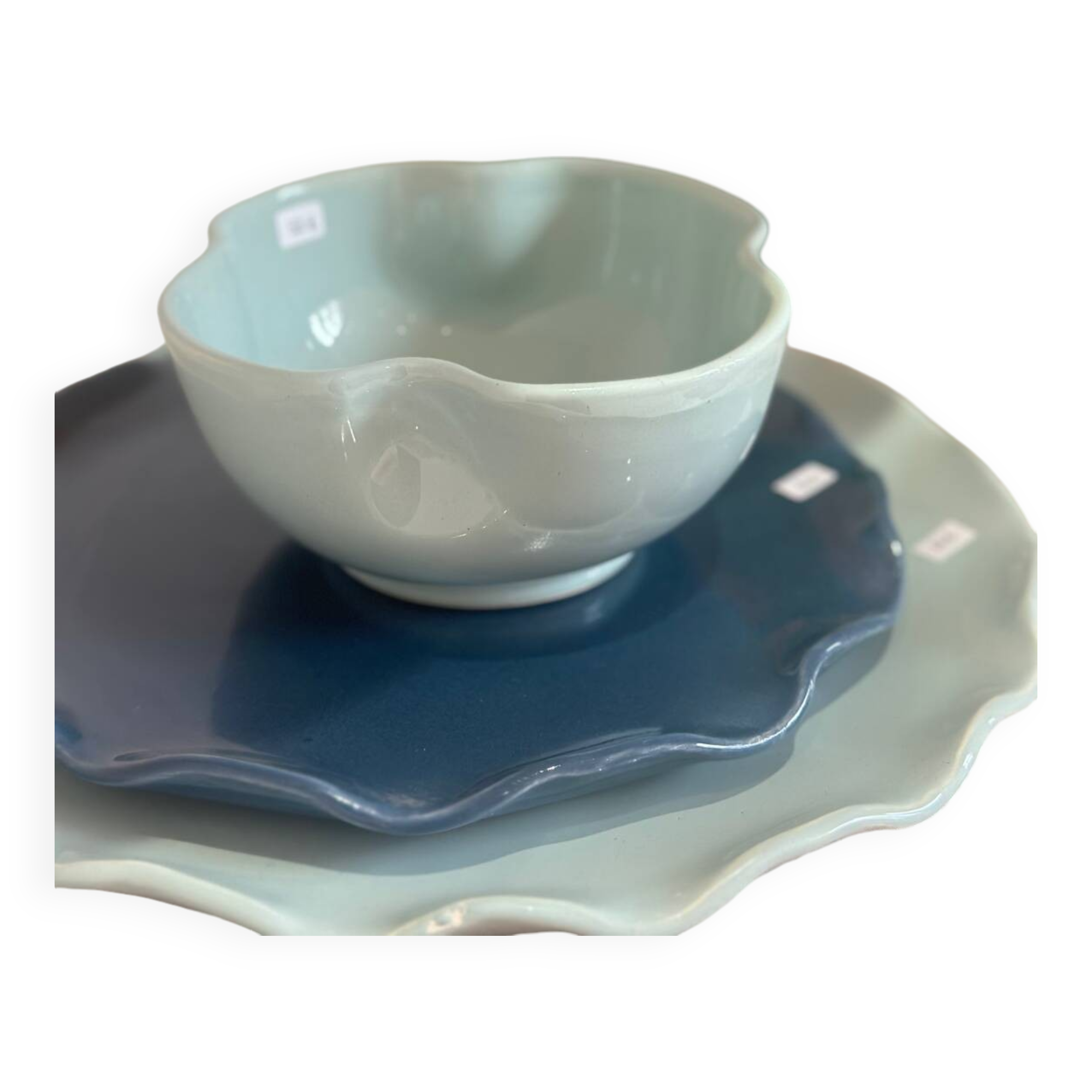 Handmade glazed ceramic bowl with sky blue pop clover flower