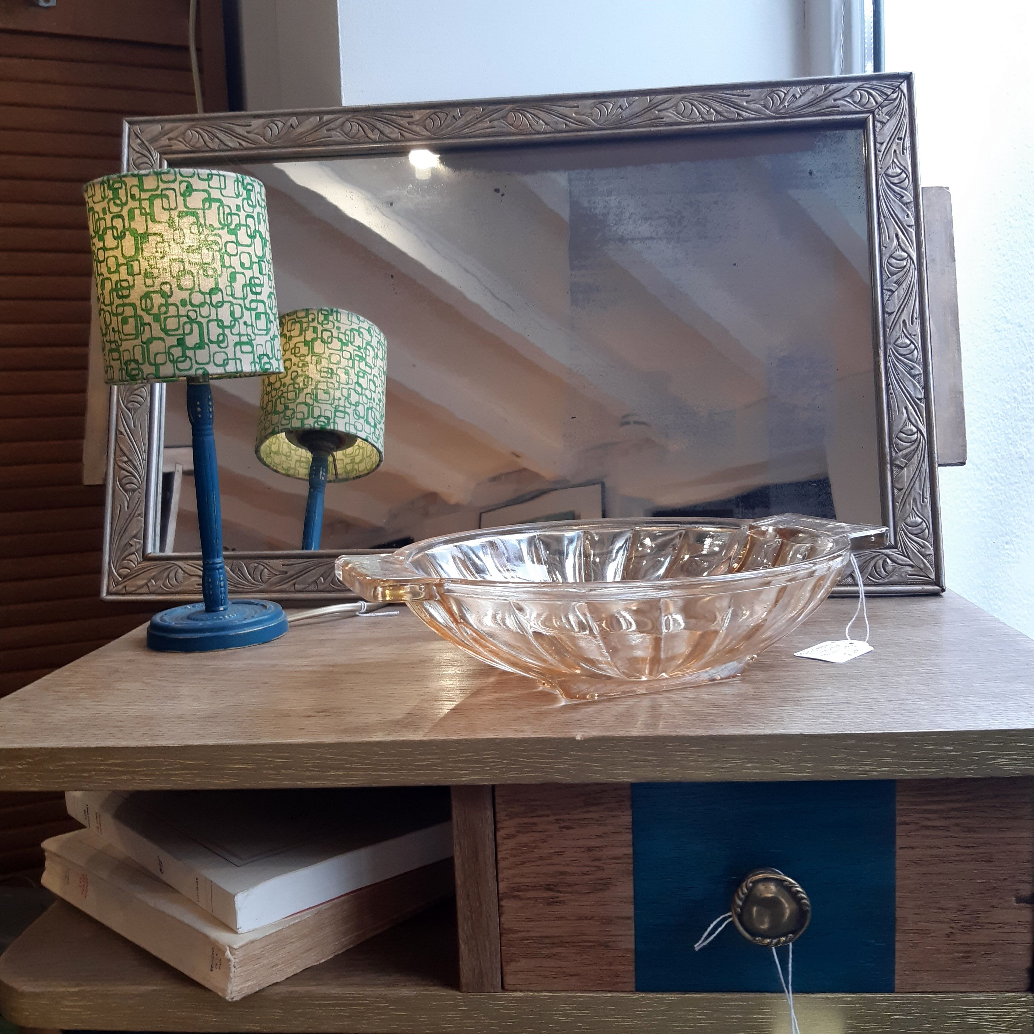 Mirror, wood and plaster, art deco, pale gold and silver patina, rectangular