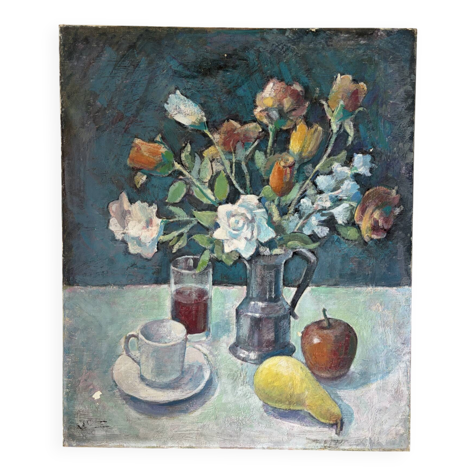 Nature morte - bouquet avec café et fruits, huile sur toile
