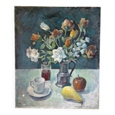 Still life - bouquet with coffee and fruits, oil on canvas