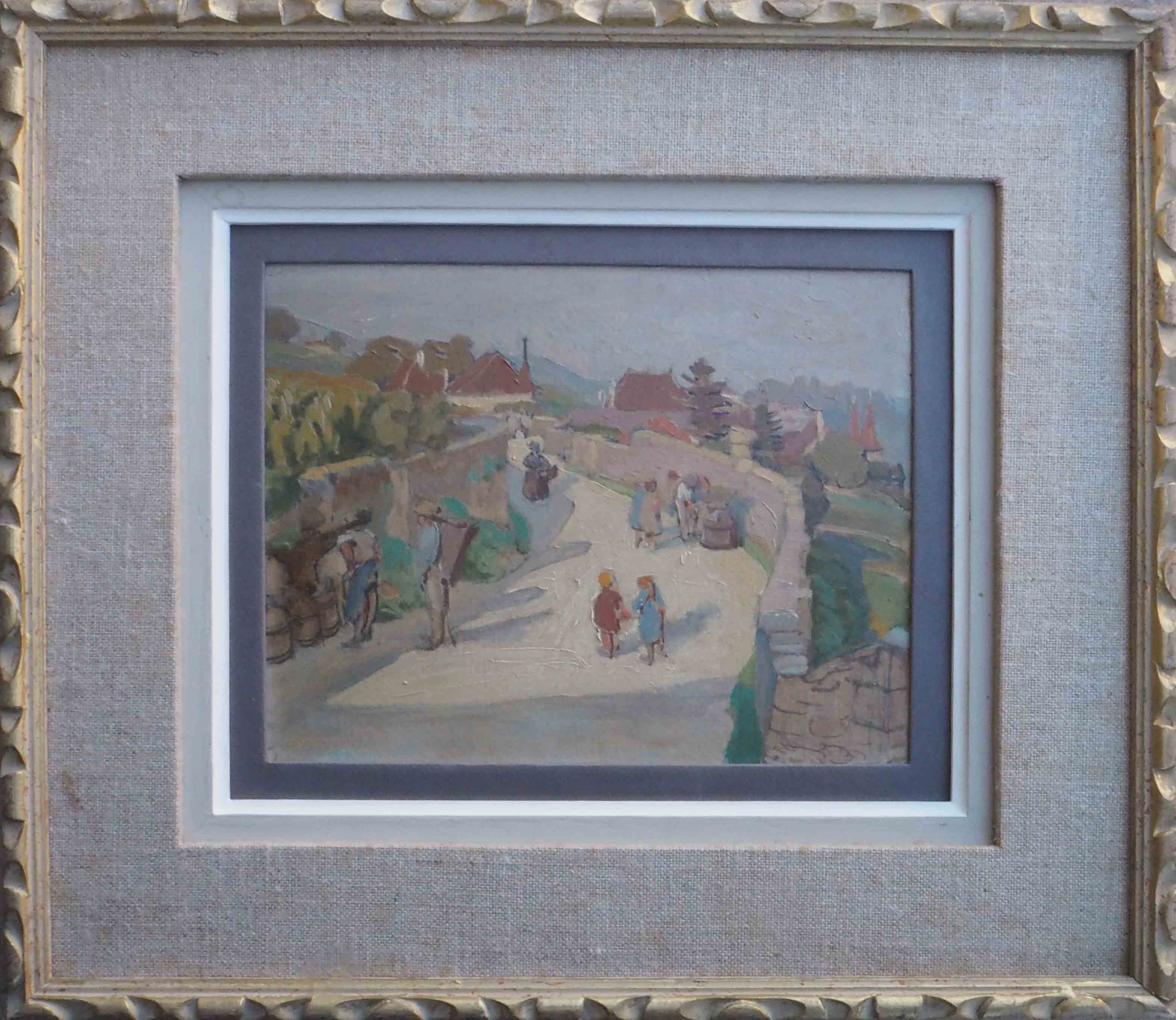 Painting scene of harvest in village around 1950