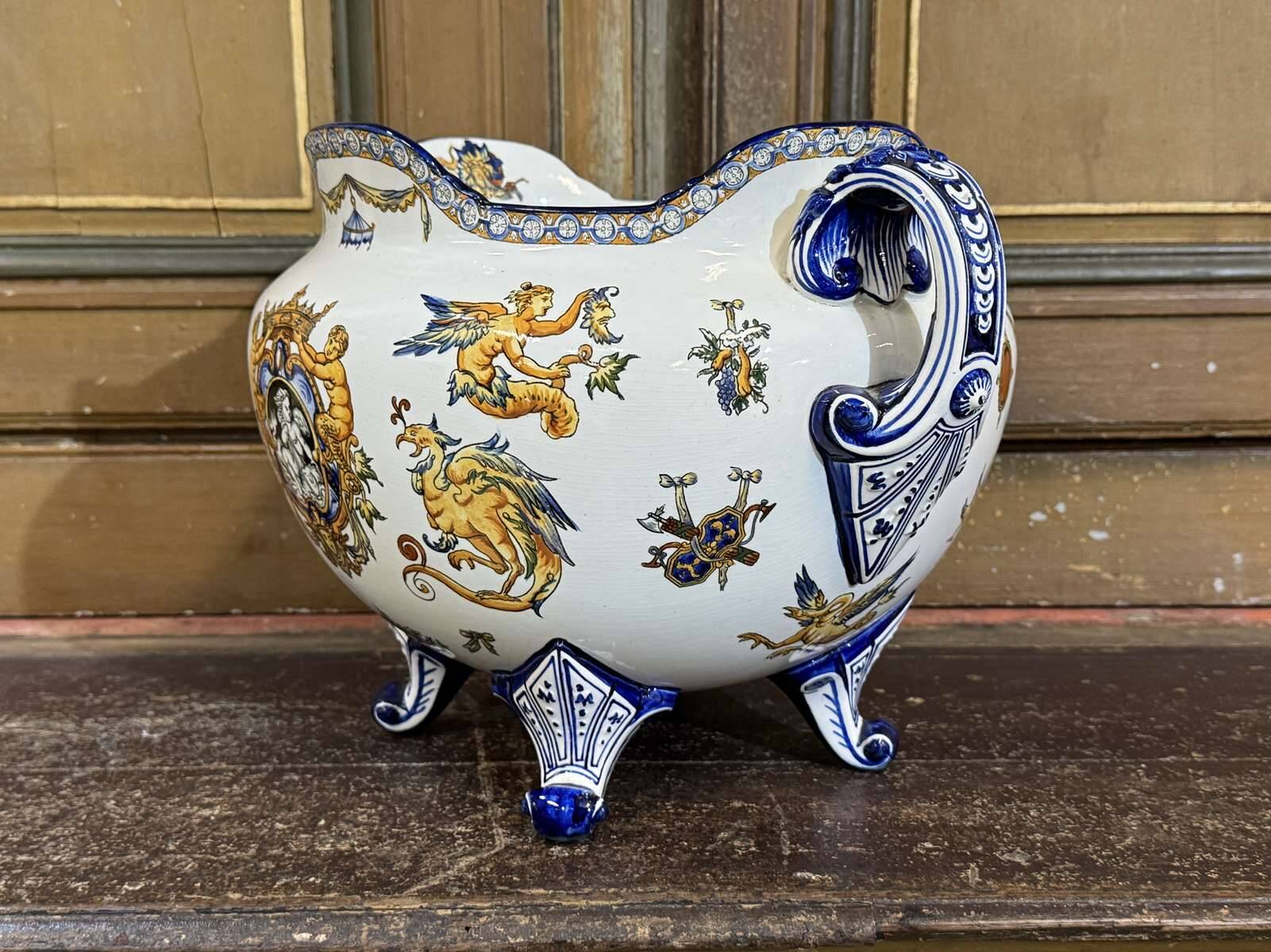 Gien earthenware cache pot from the late 19th century with Renaissance decoration.