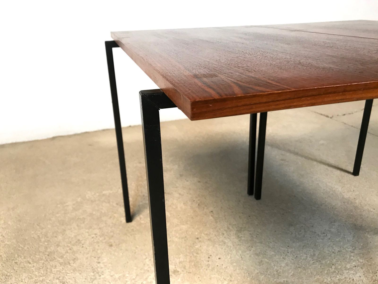 Minimalist walnut & steel stacking side tables, 1960s, Set of 2