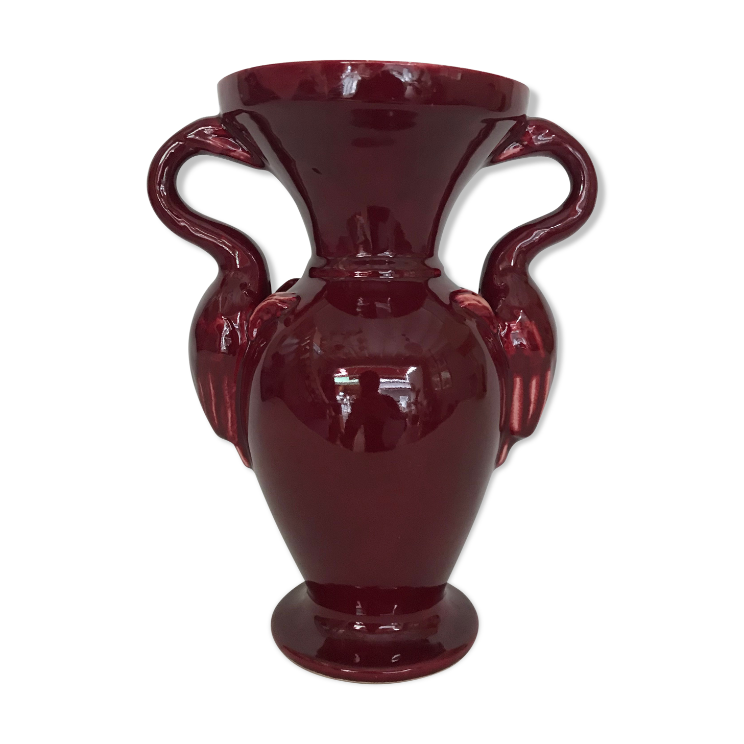 Red baluster vase with pink flamingo handles, signed Ray Camart, Antibes, circa 1960