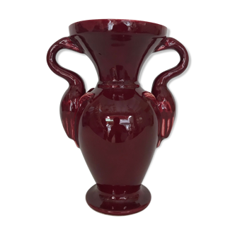 Red baluster vase with pink flamingo handles, signed Ray Camart, Antibes, circa 1960