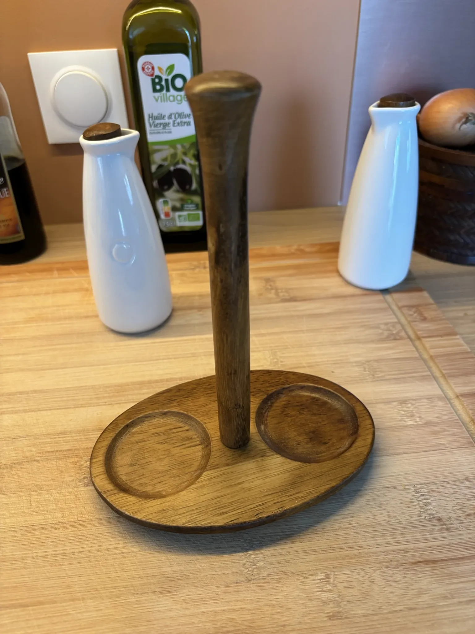 Ceramic white and wood oil and vinegar dispenser