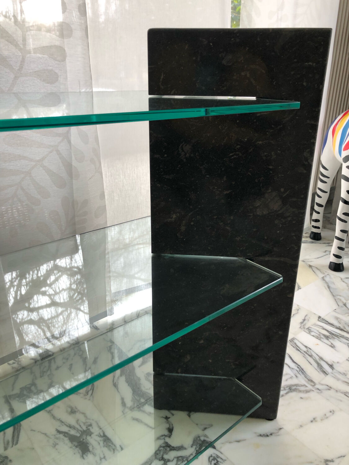 Roche Bobois console in veined black marble and glass, 1990s.