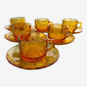 Set of 6 cups & saucers amber glass flower pattern Vereco France Signed on some pieces