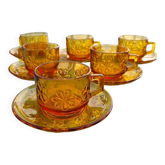 Set of 6 cups & saucers amber glass flower pattern Vereco France Signed on some pieces