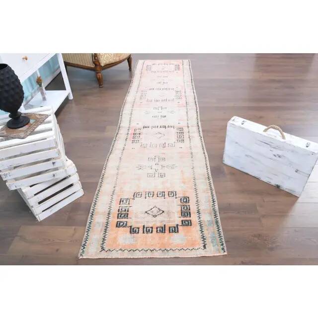 Vintage Turkish Oushak Handmade Cotton Orange Wool Runner Rug 82x328