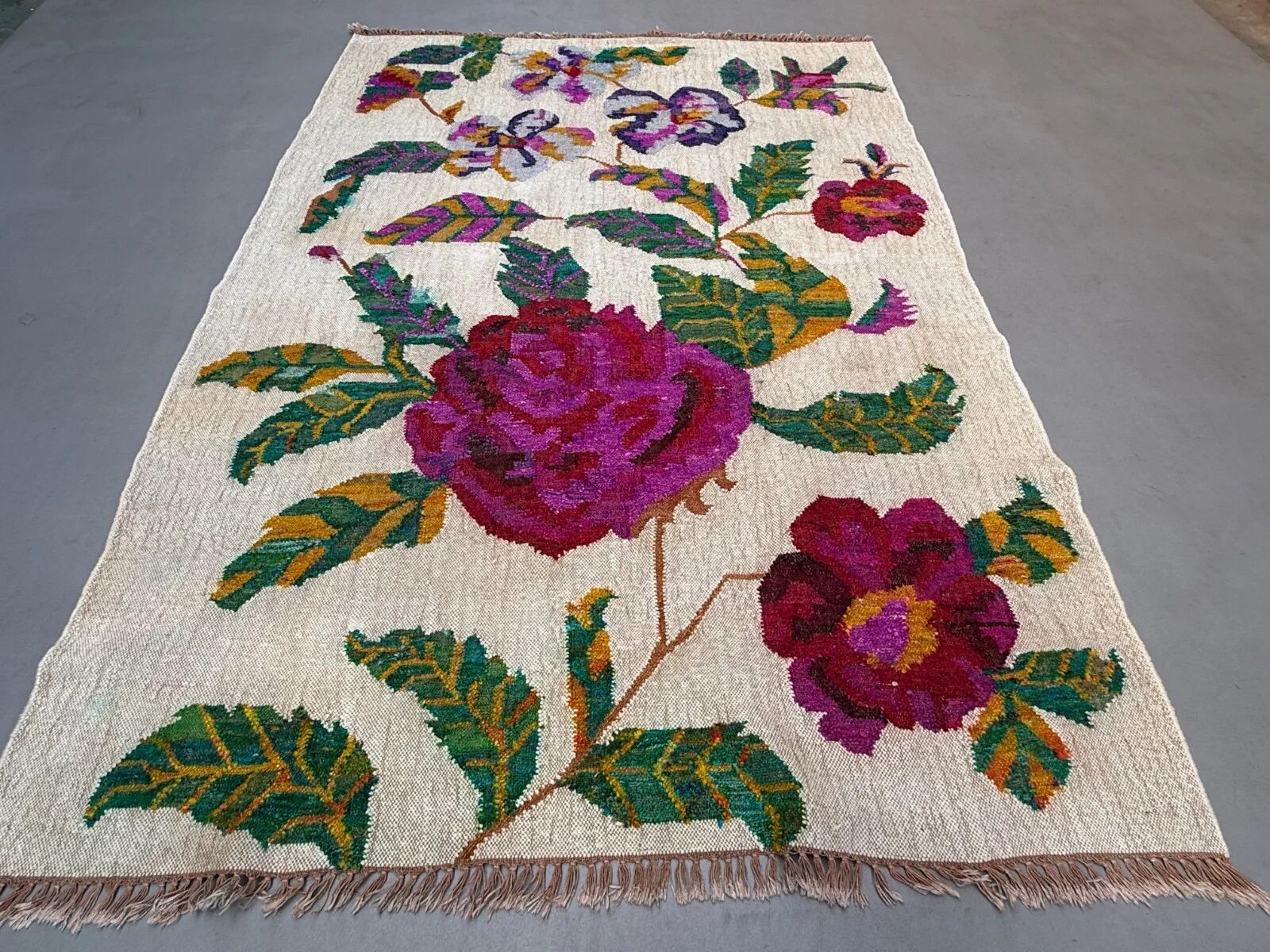 Vintage rose kilim rug 170x240cm shabby wool and silk, boho medium 2544