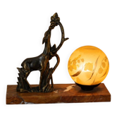 Vintage gazelle night light in cast metal, marble and glass globe – Art Deco style