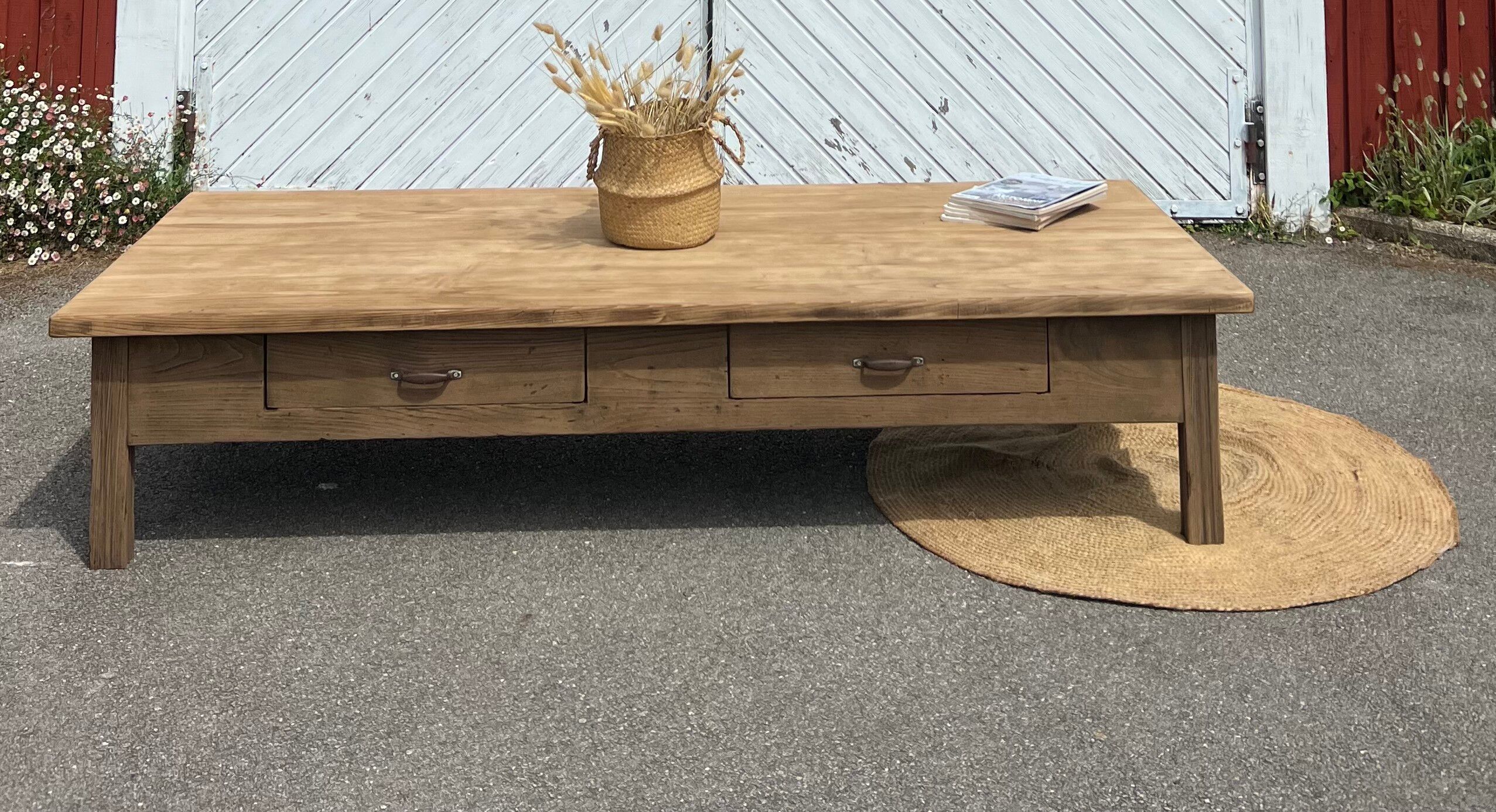 Large XXL farmhouse coffee table in raw solid oak.