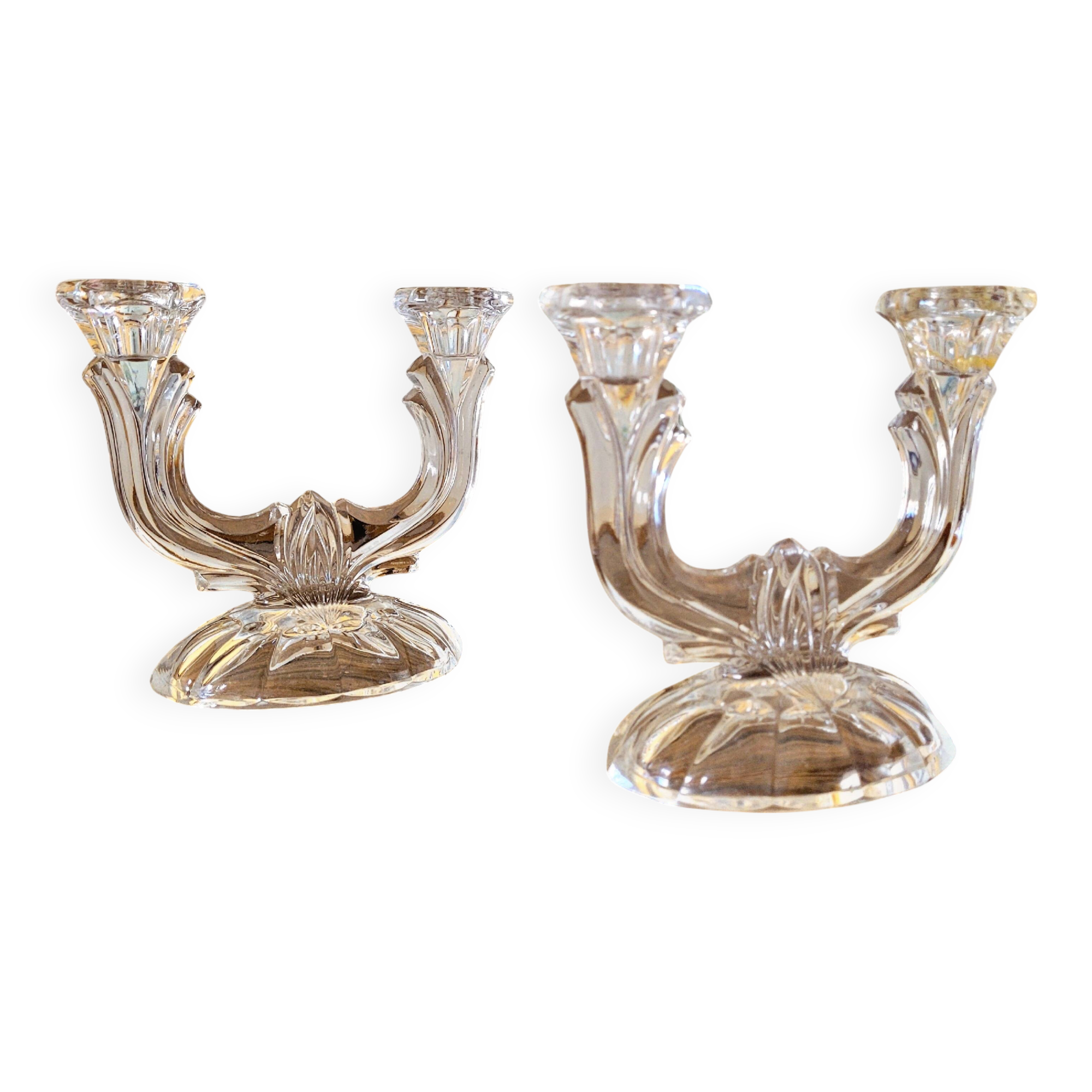 2 vintage two-armed glass candlesticks / candle holders for candles
