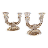 2 vintage two-armed glass candlesticks / candle holders for candles
