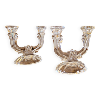 2 bouegoirs / chandeliers vintage en verre à deux bras pour chandelles