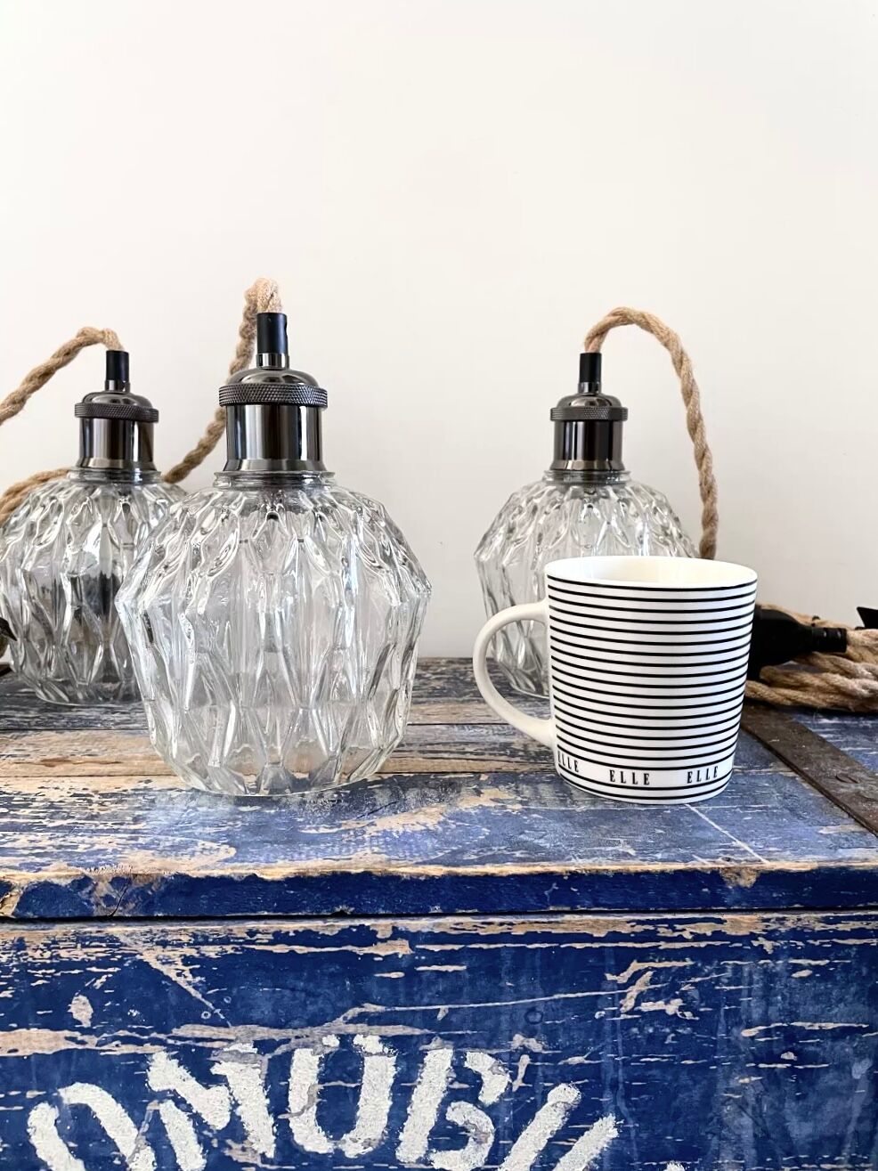 Set of three vintage electric chiseled glass walking lamps