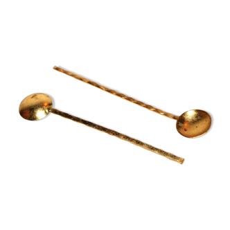 Pair of vintage golden metal salt spoons - miniature spice spoon