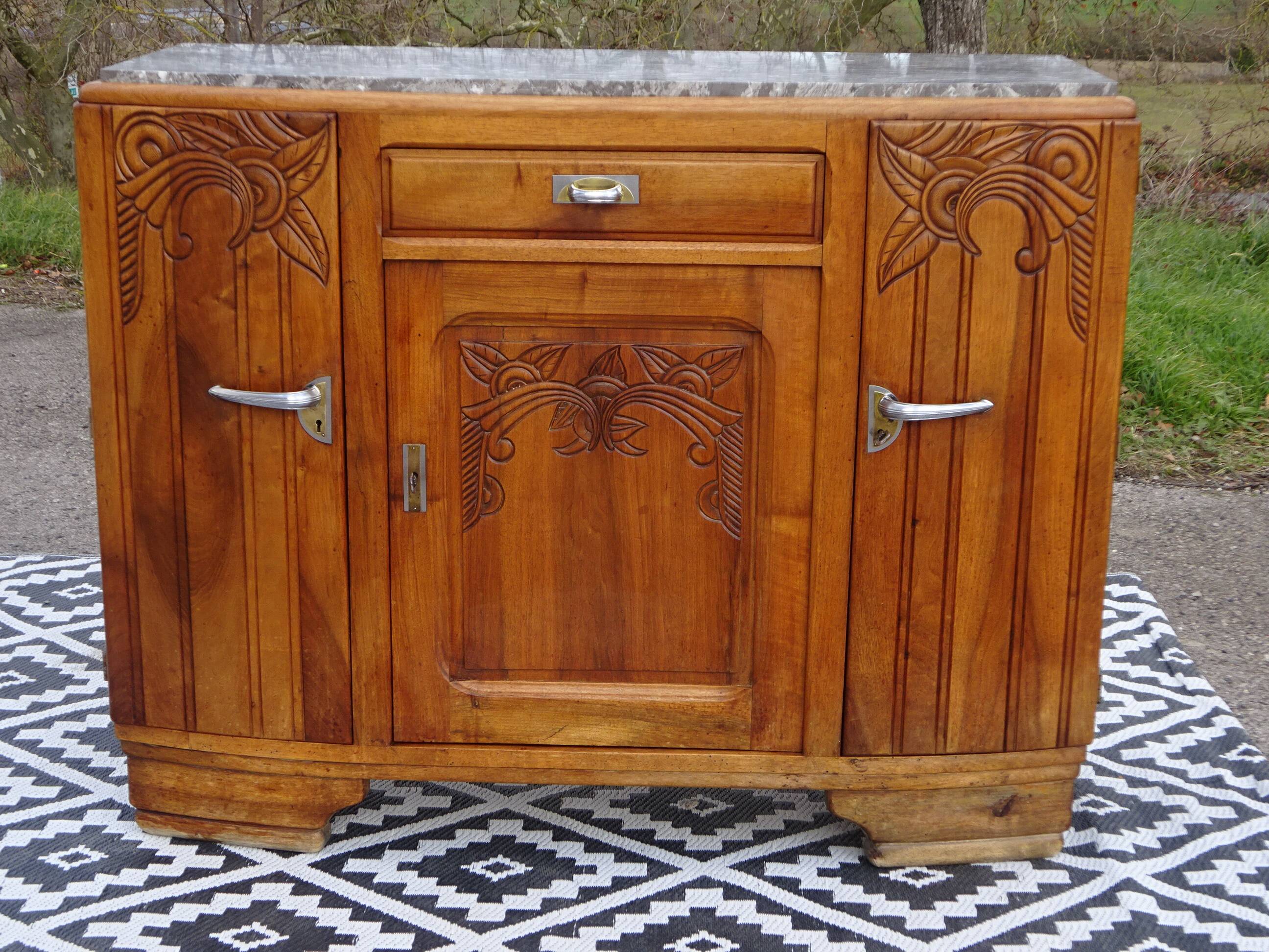 Narrow sideboard, art deco in light walnut, gray marble top