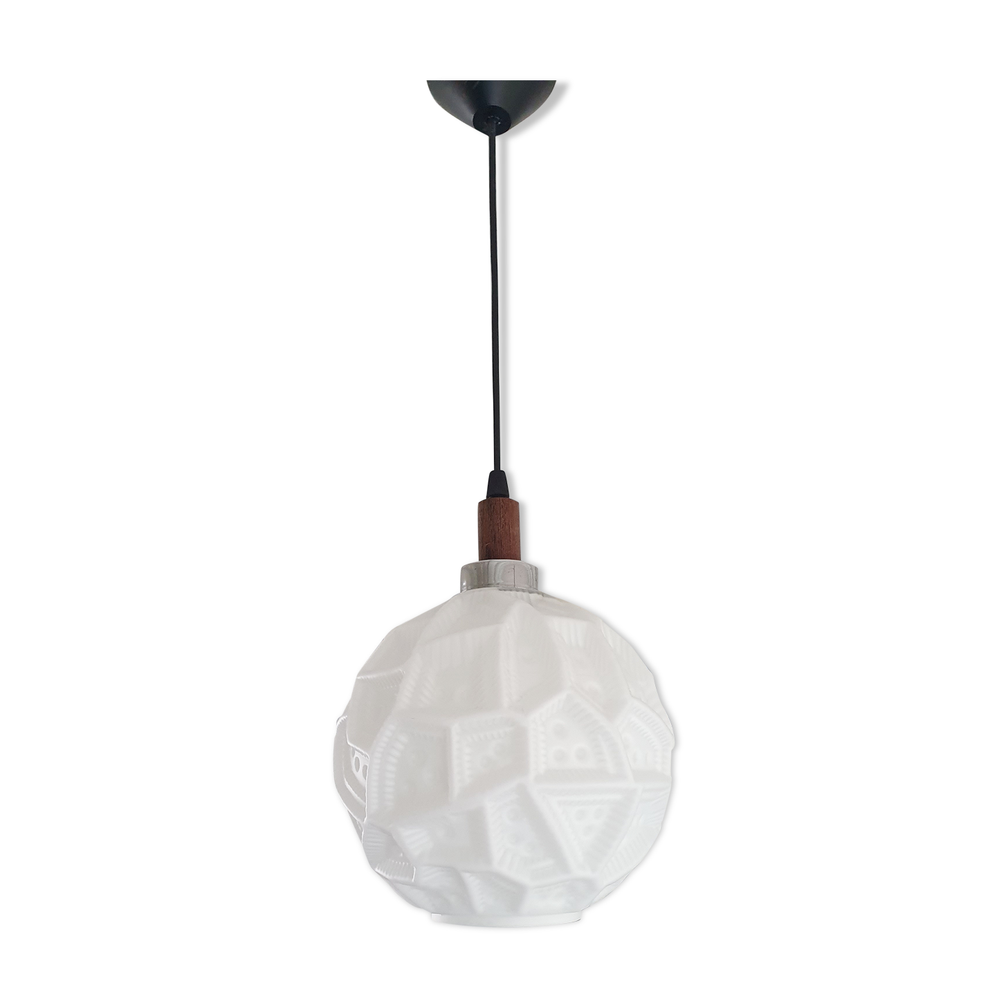 Glass sphere pendant light with teak, danish design, 70s