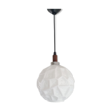 Glass sphere pendant light with teak, danish design, 70s