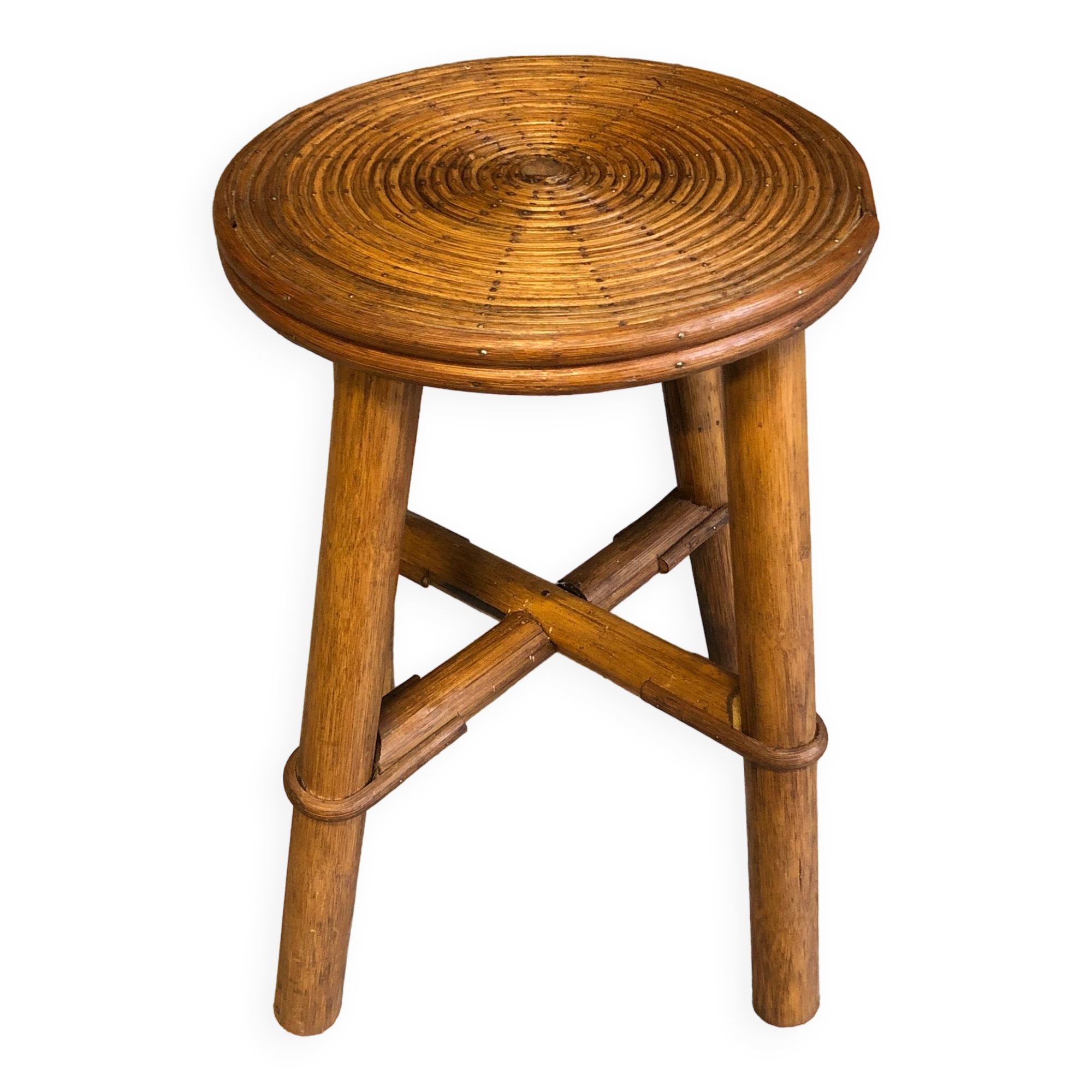 Vintage round rattan bamboo stool