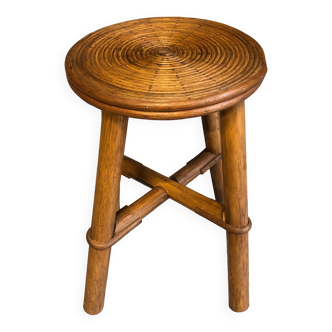 Tabouret vintage rond en rotin bambou