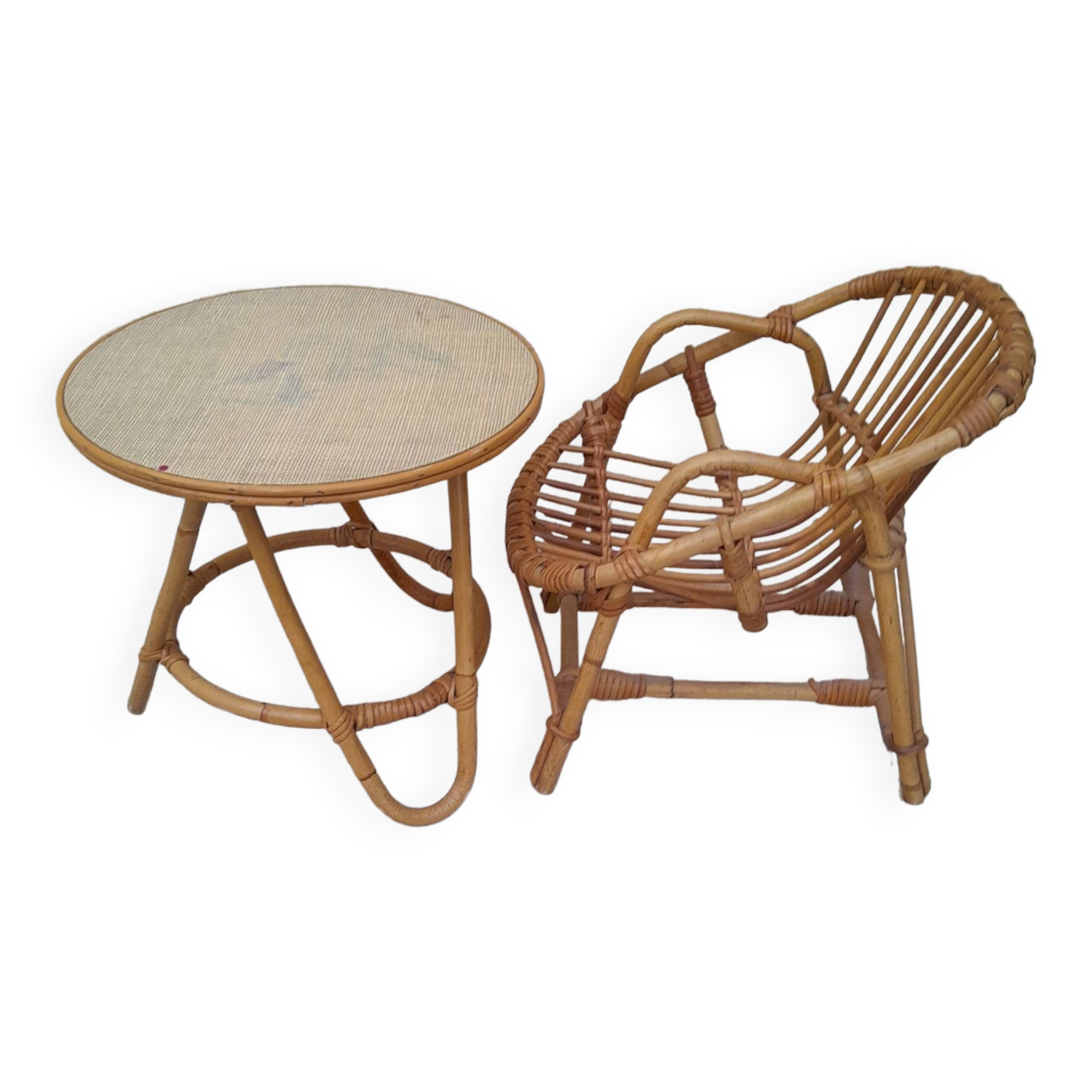 Vintage rattan children's table and armchair