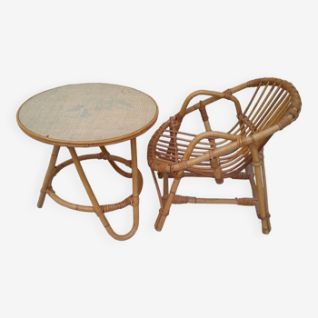 Vintage rattan children's table and armchair