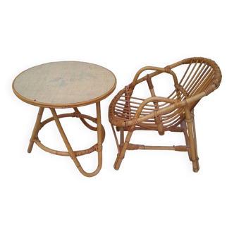 Vintage rattan children's table and armchair