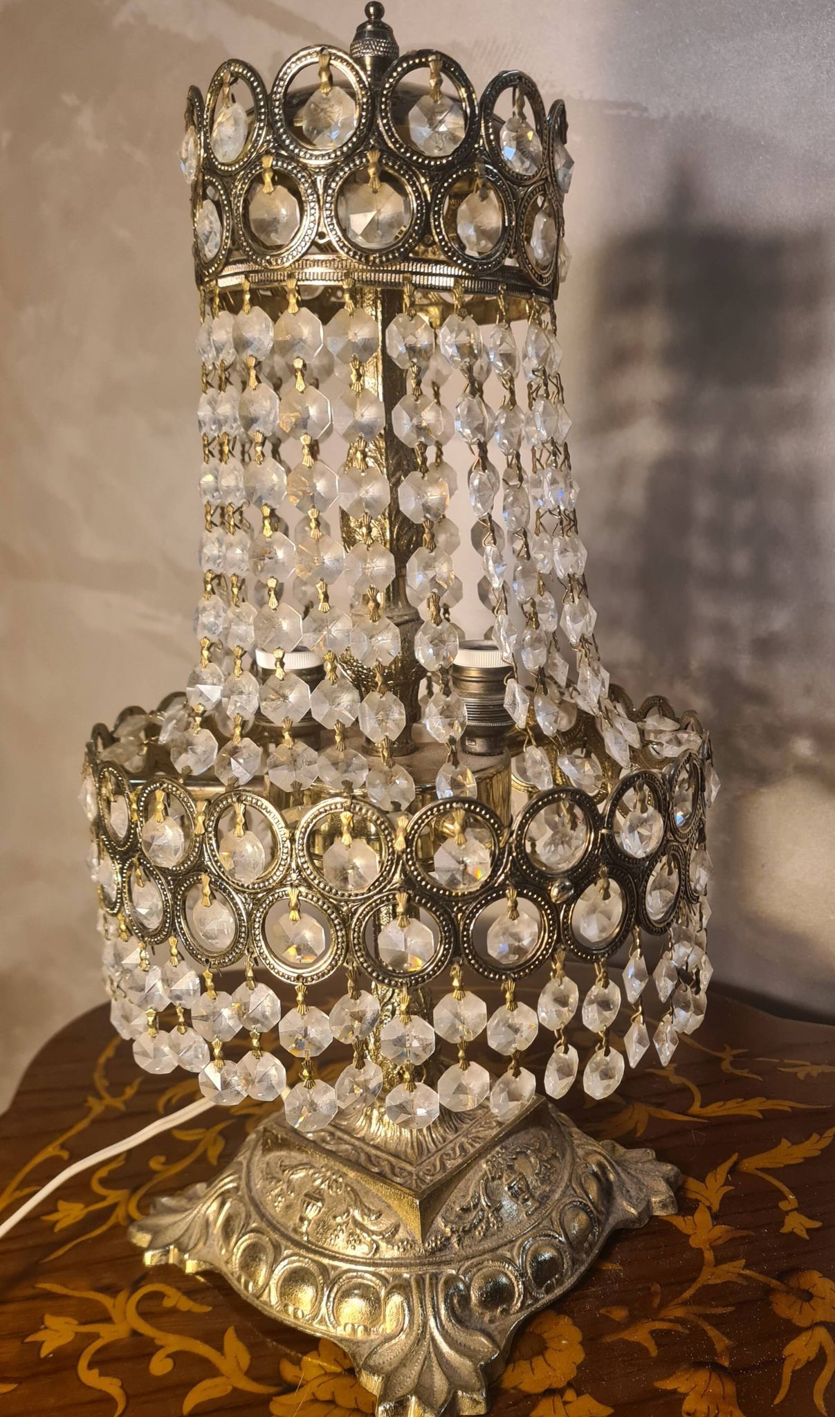 Bronze and brass table lamp 40x20 with crystal glass pendants from the 1940s to 1950s